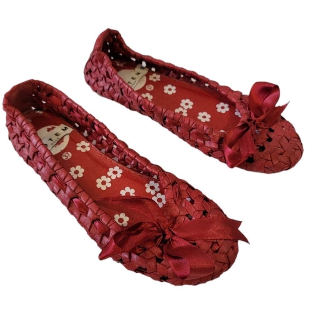 TOTEM ROMA Women Red Braided Slip-On Ballet Flat Shoe Sz 37/6 Bow Leather Comfy